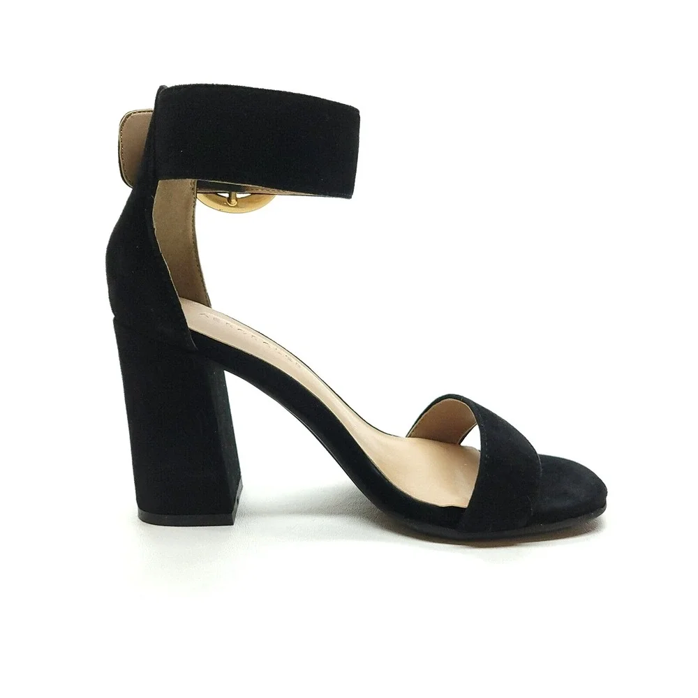 Aerosoles Landon Dress Shoe 5 M‎ Black Suede Square Toe Ankle Strap Sandal Heels